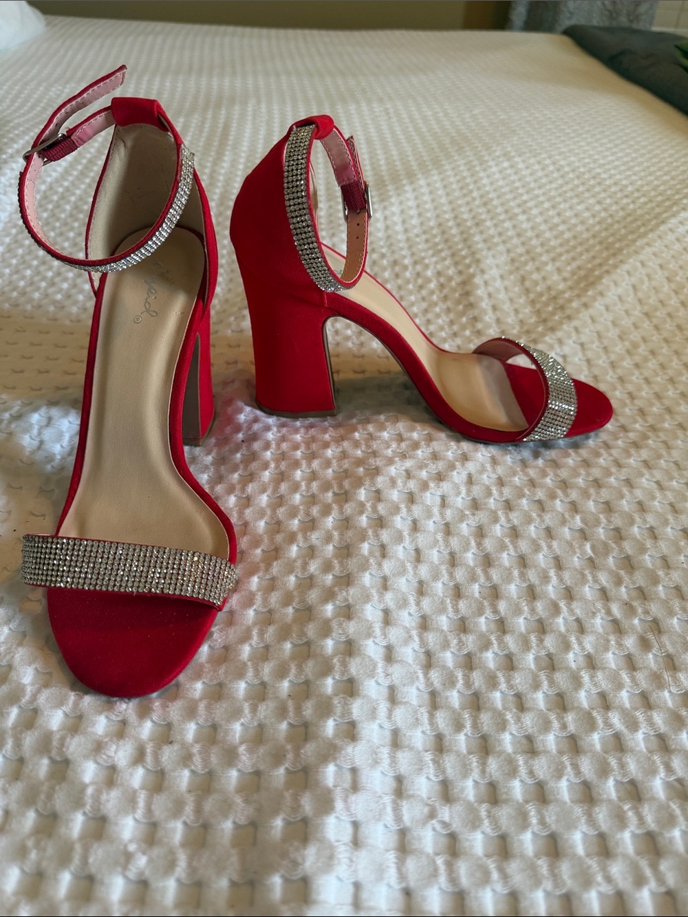 Qupid Red Block Heels with Crystal Straps